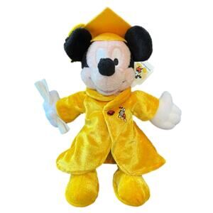 ⭐️Disney Vintage 02 Graduation Mickey Mouse Yellow Bean Bag Plush‎ Doll Cap Gown